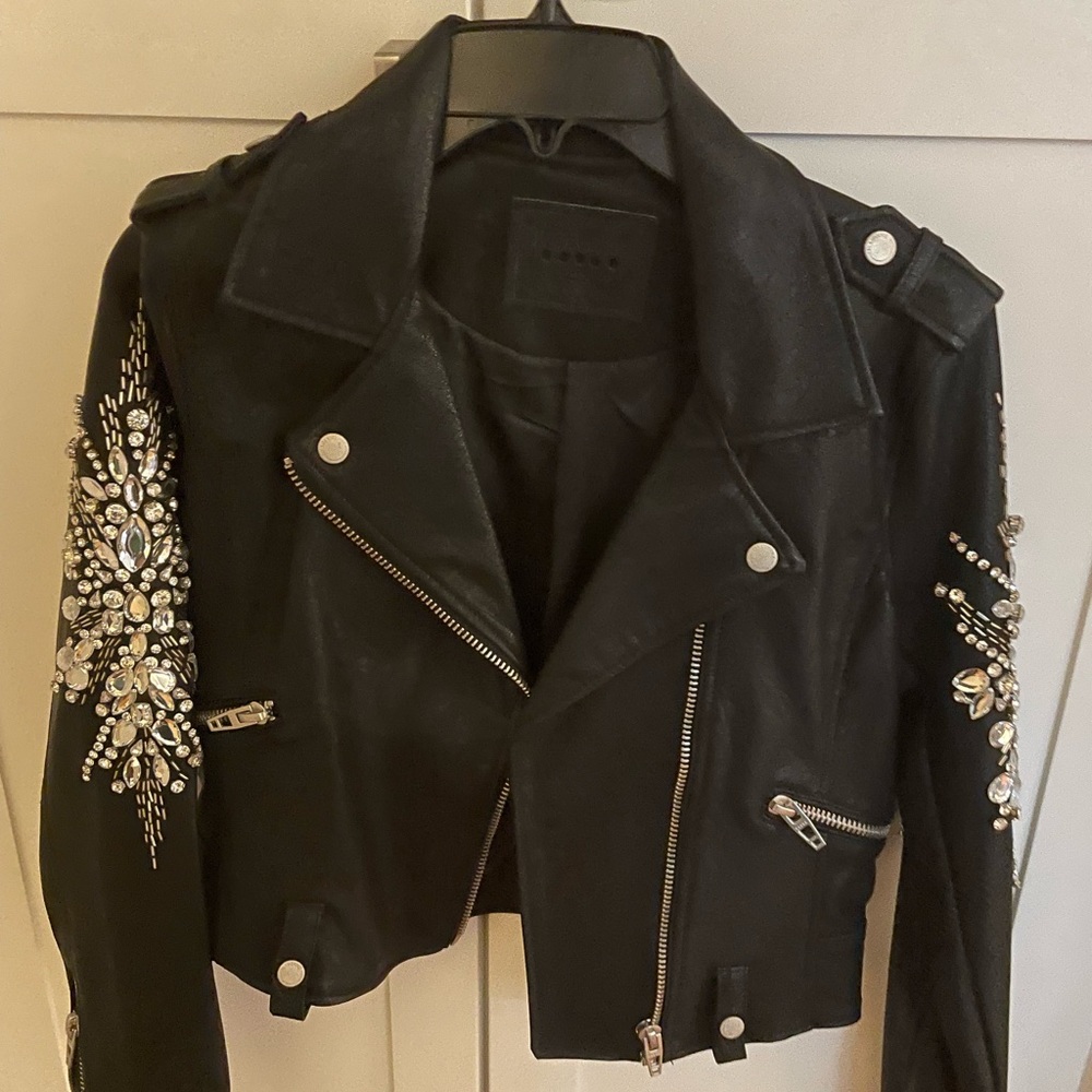 Blank NYC Crown Jewels embellished faux leather jacket black XS
